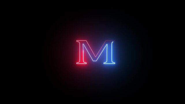 Letter m rendered in neon red and blue light on dark black background a high contrast m design using dual tone effects against a plain
