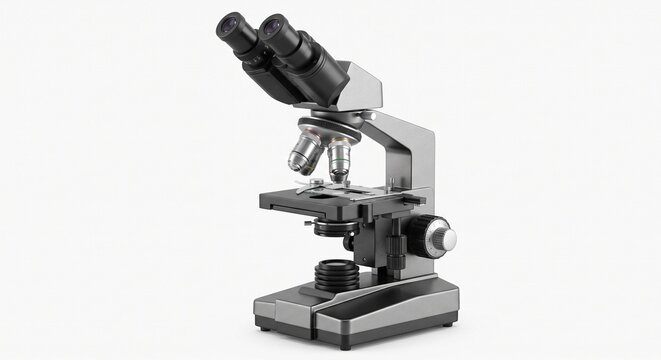 Modern binocular optical laboratory microscope with multiple objective lenses, adjustable focusing system, mechanical stage, eyepieces, and built-in illumination. 