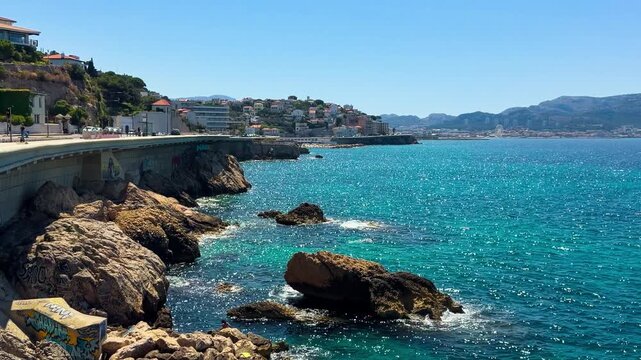 Walk along embankment of the old town of Marseille, Provence, Alps, Cote d'Azur, France, June 8, 2026. High quality 4k footage
