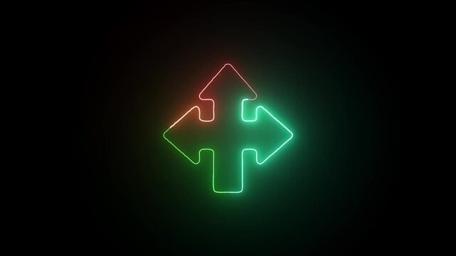 Green neon directional arrow light symbol pointing upwards against a dark background glowing direction light