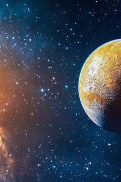A colorful depiction of a planet surrounded by stars and galaxies in the vastness of space. vertical frame