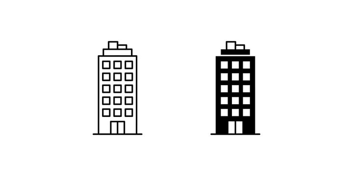 High rise skyscraper building line and solid black icons for urban planning.