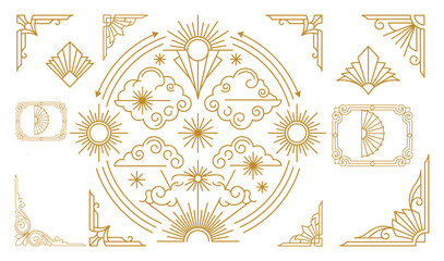 Gold line art deco borders and cosmic celestial sun symbols for elegant luxury design. © Djstore