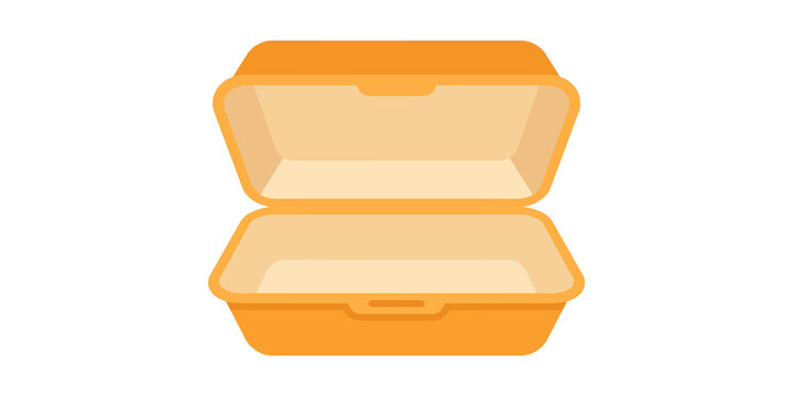Empty orange styrofoam food container with open lid on transparent background.