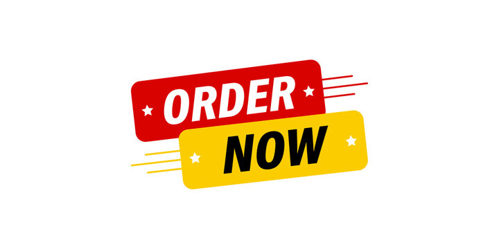 Order now stickers in red and yellow with stars and motion speed lines for online shopping and marketing campaigns.