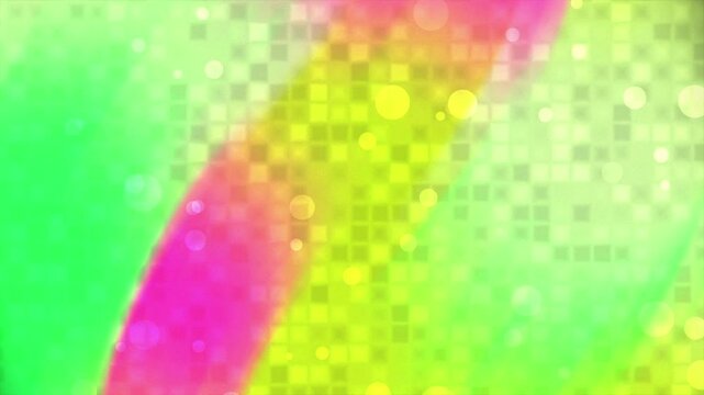 Abstract background featuring vibrant green and pink colors with a soft pixelated grid pattern and glowing bokeh light effects.