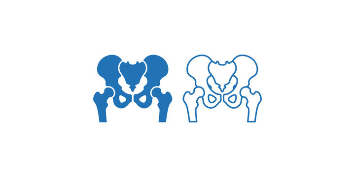 Human pelvic bone anatomy icons in blue solid and linear outline styles.
