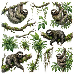Fototapeta premium Three-Toed Sloth Tropical Wildlife Watercolor Clip Art Set with Rainforest Vines and Leaves