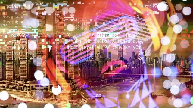 chongqing cyberpunk city with overlayed code and data on the buildings