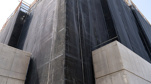 A low angle shot of a large commercial building under construction covered completely with black protective mesh safety netting exterior scaf