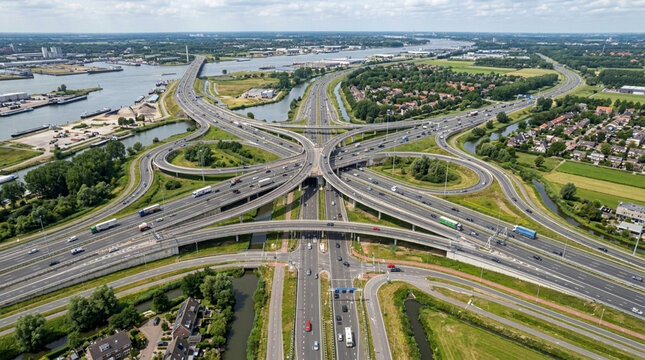 Impressive Aerial View Of A Complex Highway Interchange And Busy Road Network