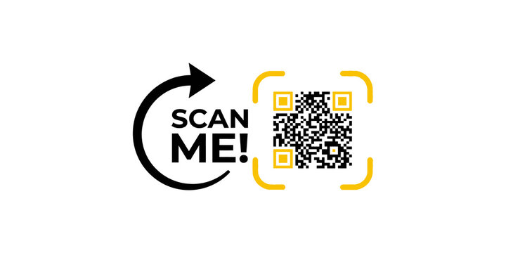 Interactive scan me QR code symbol in black and yellow color scheme.