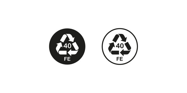FE 40 iron steel recycling code icon, black solid and outlined symbol for metal packaging.