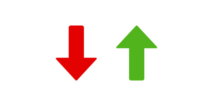 Red down arrow and green up arrow for business and finance indicators.