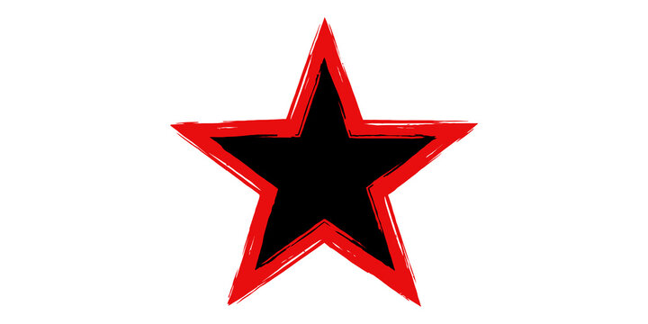 Black star with red distressed outline for abstract design or grunge element.