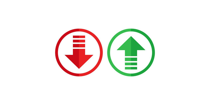Red down arrow and green up arrow flat circular icons on transparent background for navigation UI design.