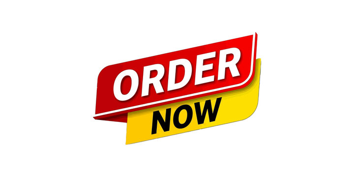 Order now promotional banner with red and yellow 3d ribbon labels for ecommerce marketing.