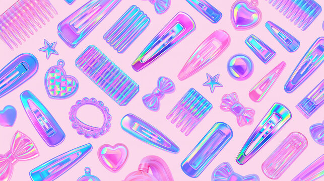 seamless pattern of kawaii hair clips and combs with holographic tones against a pink background