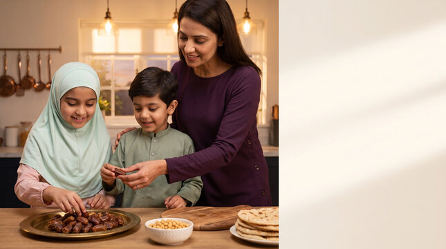 Children preparing Iftar with dates and snacks in a cozy kitchen  