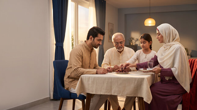 Muslim family breaking fast together at home with joyful expressions  