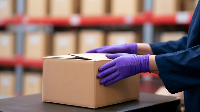 A worker in a warehouse wear protective purple gloves to handle a cardboard package, ready for delivery and shipping in a busy distribution hub