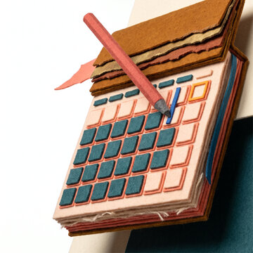 Colorful paper calendar with marked dates and a pen on top  