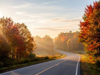 Obraz premium Scenic winding asphalt road through a vibrant autumn forest with colorful red and orange trees under a morning sunrise