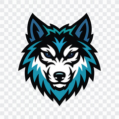 Fierce wolf head mascot emblem with sharp blue and black fur, intense eyes, and bold symmetrical details, ideal for gaming logos, esports teams, sports branding, apparel, stickers, and posters. © VectorBloomX