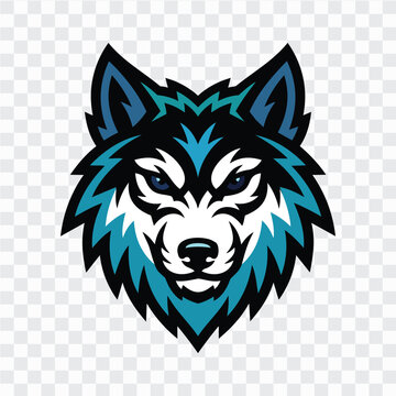 Fierce wolf head mascot emblem with sharp blue and black fur, intense eyes, and bold symmetrical details, ideal for gaming logos, esports teams, sports branding, apparel, stickers, and posters.