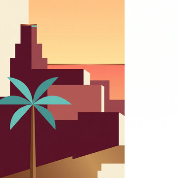 Abstract cityscape with palm tree at sunset in warm colors  