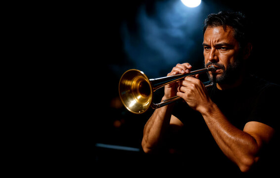 Bearded trumpet player performing under blue stage lighting. Focused musician plays a gleaming brass instrument in a dark atmospheric concert setting with expressive hands and a moody portrait scene.