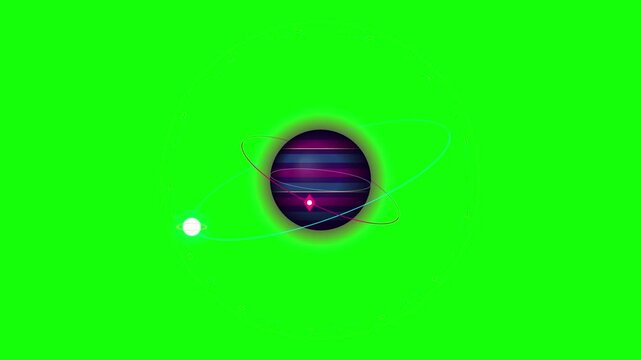Animated 3D planet with orbiting moons on green screen background