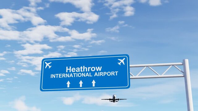 Heathrow Airport highway sign with a commercial passenger airplane flying above, representing air travel, airport access, transportation, tourism, and travel in London.