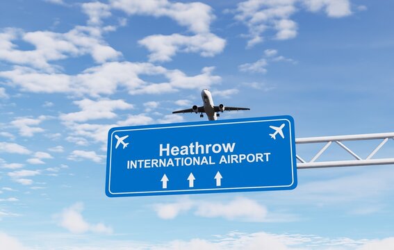 Heathrow Airport highway sign with a commercial passenger airplane flying above, representing air travel, airport access, transportation, tourism, and travel in London.