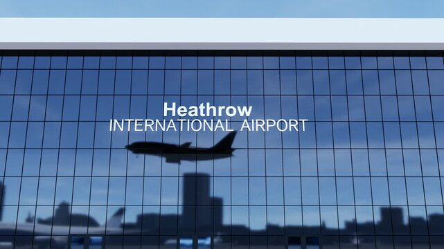 Commercial passenger airplane landing at London Heathrow Airport with the terminal in the background, ideal for aviation, air travel, tourism, airport arrivals, and transportation content.