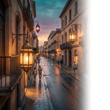 Lanterns illuminating a rainy street at dusk in a European city  