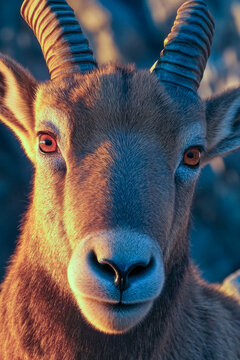 A close up shot of a goat's head, featuring large horns. vertical frame