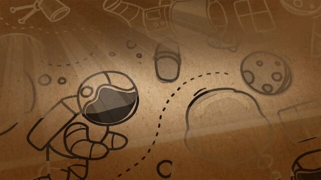 Cute hand drawn space doodles with astronaut and rocket on textured cardboard background doodle brown sketch planet