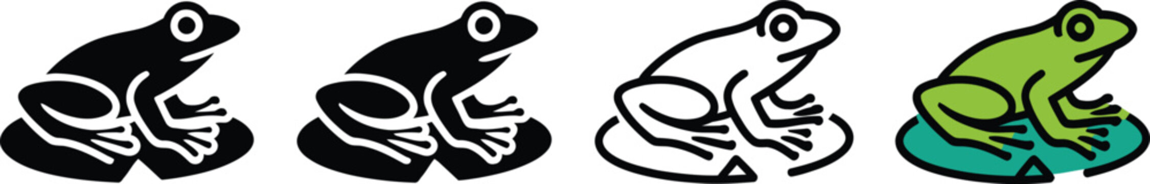 Minimalist frog icon set, 4 vector toad symbols, green lily pad frog graphics Editable Vector