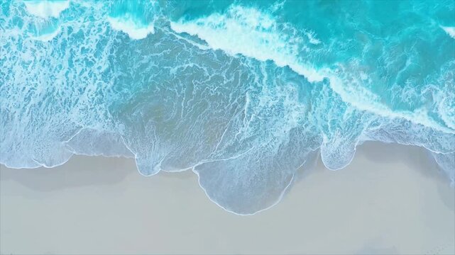 Aerial View Of Turquoise Sea Waves Rolling Onto Soft White Sandy Beach Shoreline