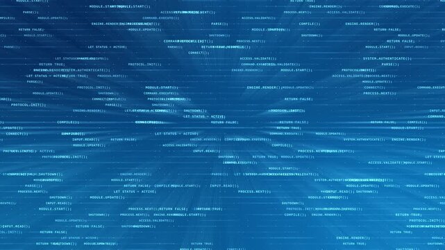 Abstract blue technology video background featuring moving programming code snippets and digital data lines, dots, ideal for software development, cybersecurity, AI and futuristic technology concepts