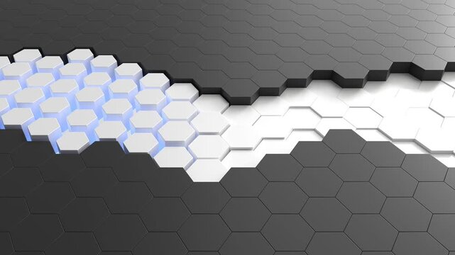 Abstract background featuring black and white 3D hexagonal tiles with glowing blue light edges hexagon geometry