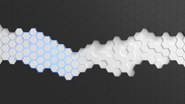 Abstract background featuring black and white 3D hexagonal tiles with glowing blue light edges hexagon geometry