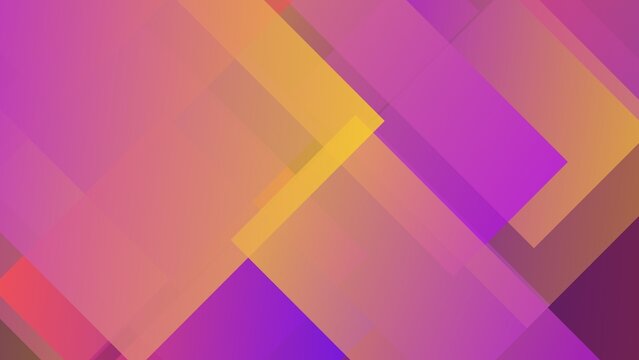 Geometric abstract composition with overlapping translucent diagonal rectangles in purple, magenta, orange, and warm yellow creating depth