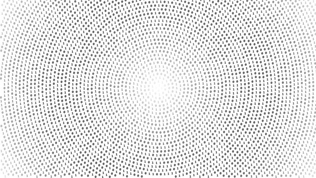 Monochrome binary code arranged in a concentric curving spiral pattern radiating outward from a white center