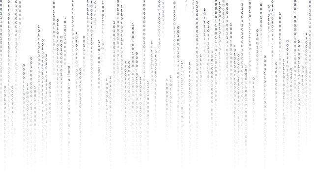 Vertical columns of binary code featuring fading sequences of zero and one digits in monochrome black and white