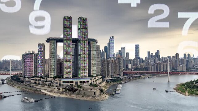 chongqing cyberpunk city with overlayed code and data on the buildings