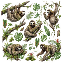 Fototapeta premium Three-Toed Sloth Watercolor Clip Art Set with Rainforest Vines and Tropical Leaves