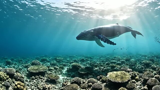 Underwater view of a whale swimming in clear blue ocean
