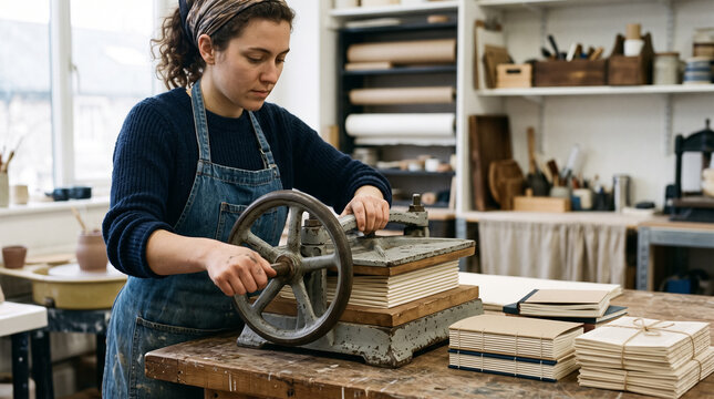 Female artisan pressing paper pages using vintage book press in traditional bookbinding workshop. Concept of craft, worker, presses, folded, bookbinder, craft worker.